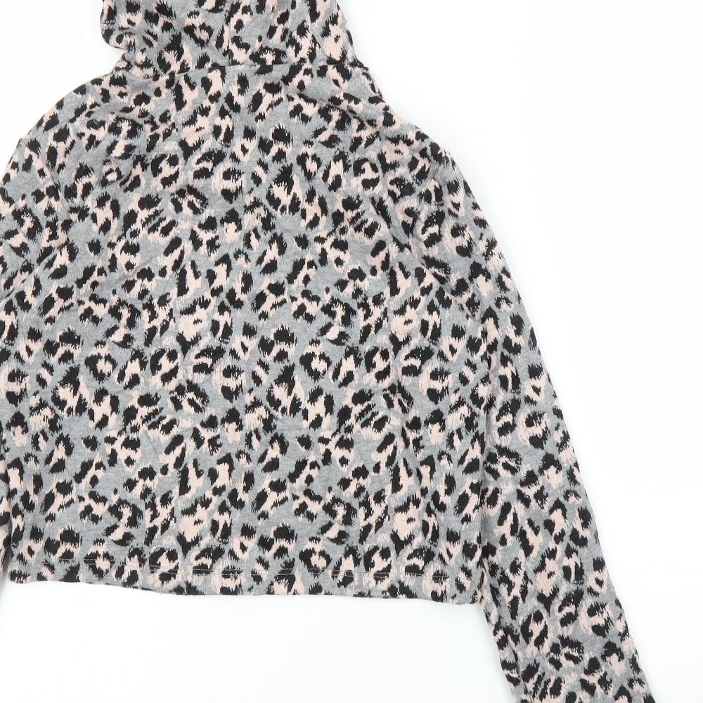 Select Womens Grey Animal Print Pullover Hoodie Size 6 - Leopard print