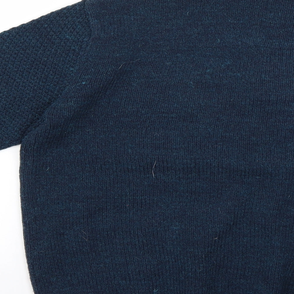 Brand and care label for Easy men’s blue jumper, size M