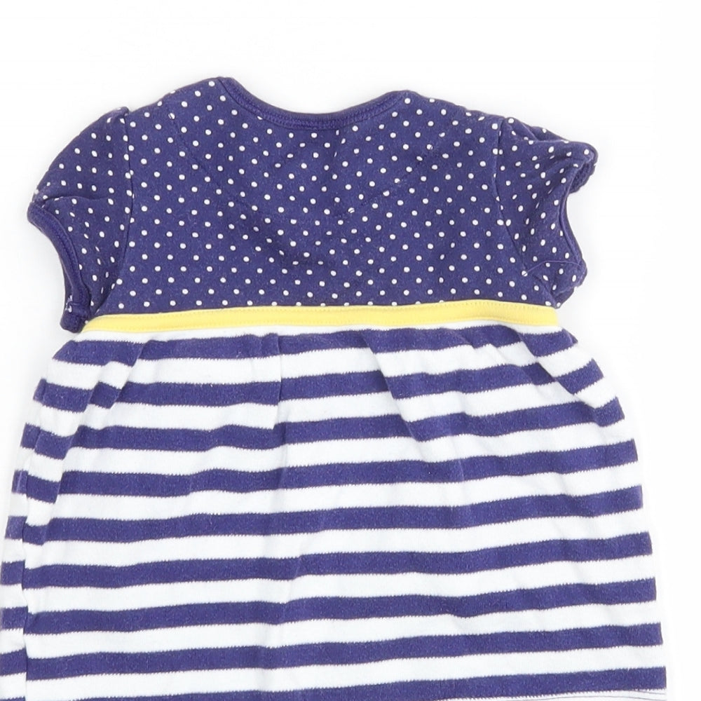 Brand and care label for F&F girls’ blue striped basic casual, size 0-3, months