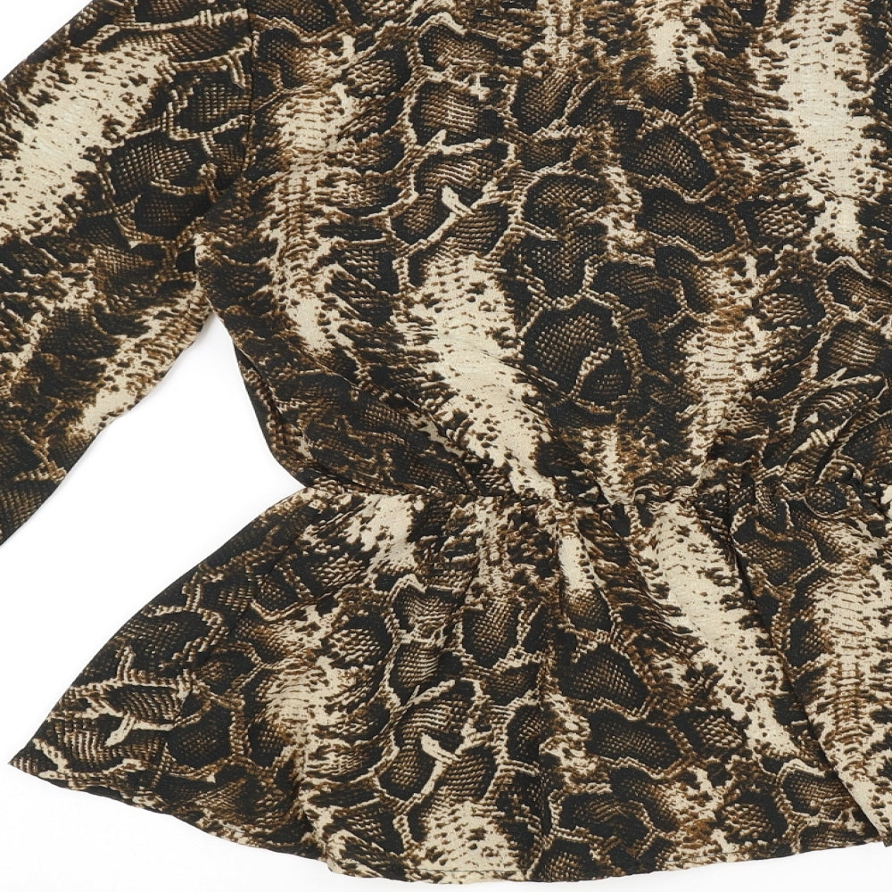 Boohoo Womens Brown Animal Print Basic Blouse Size 6
