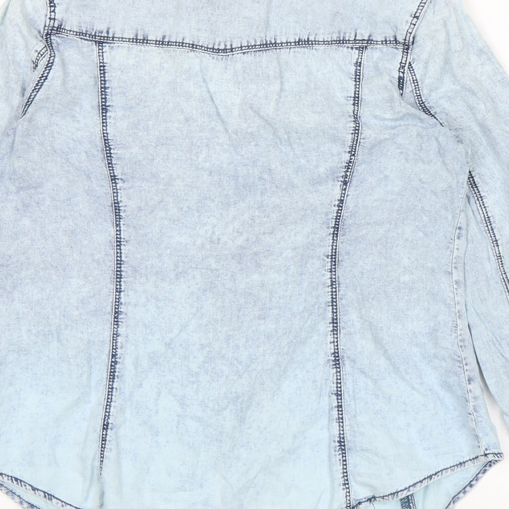 Brand and care label for Denim Co women’s blue denim basic button-up, size UK 8