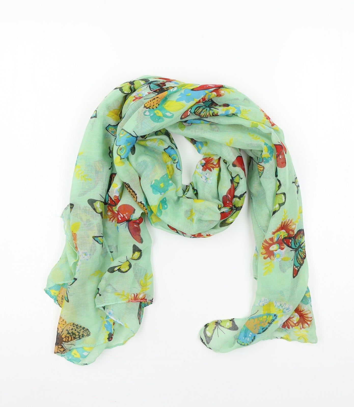Preworn Womens Green Geometric Scarf - Butterflies