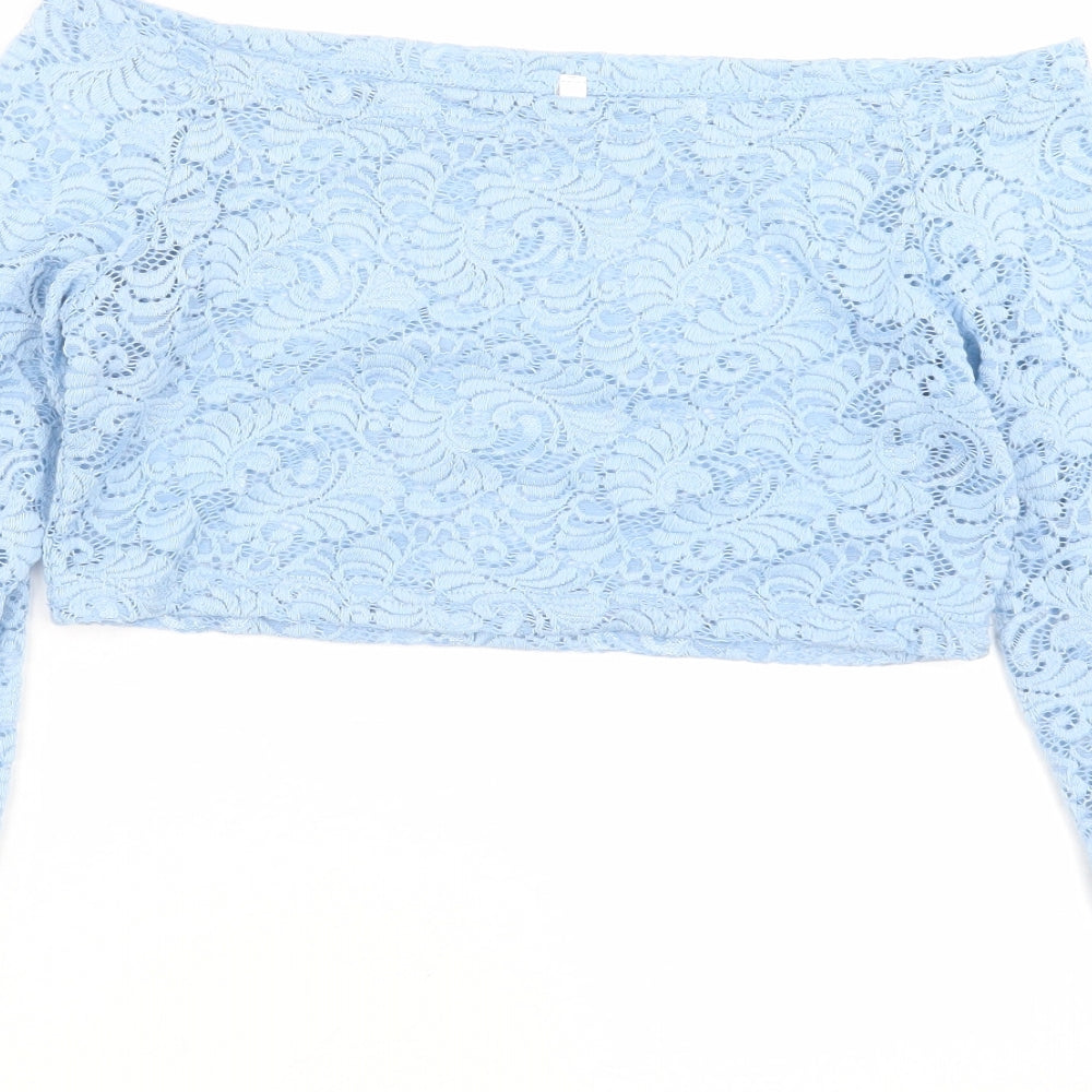 Preworn Womens Blue Floral Cropped Blouse Size L
