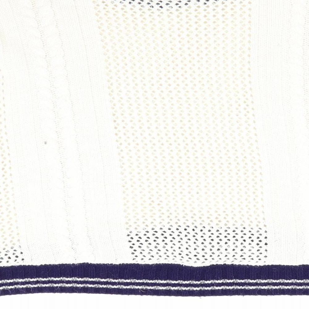 Blonde + Blonde Womens Ivory Pullover Jumper Size 14 - Cable & Open Knit Blue Neck Hem Cuff Trim