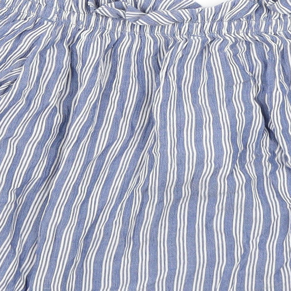 Bershka Womens Blue Striped Cropped T-Shirt Size S