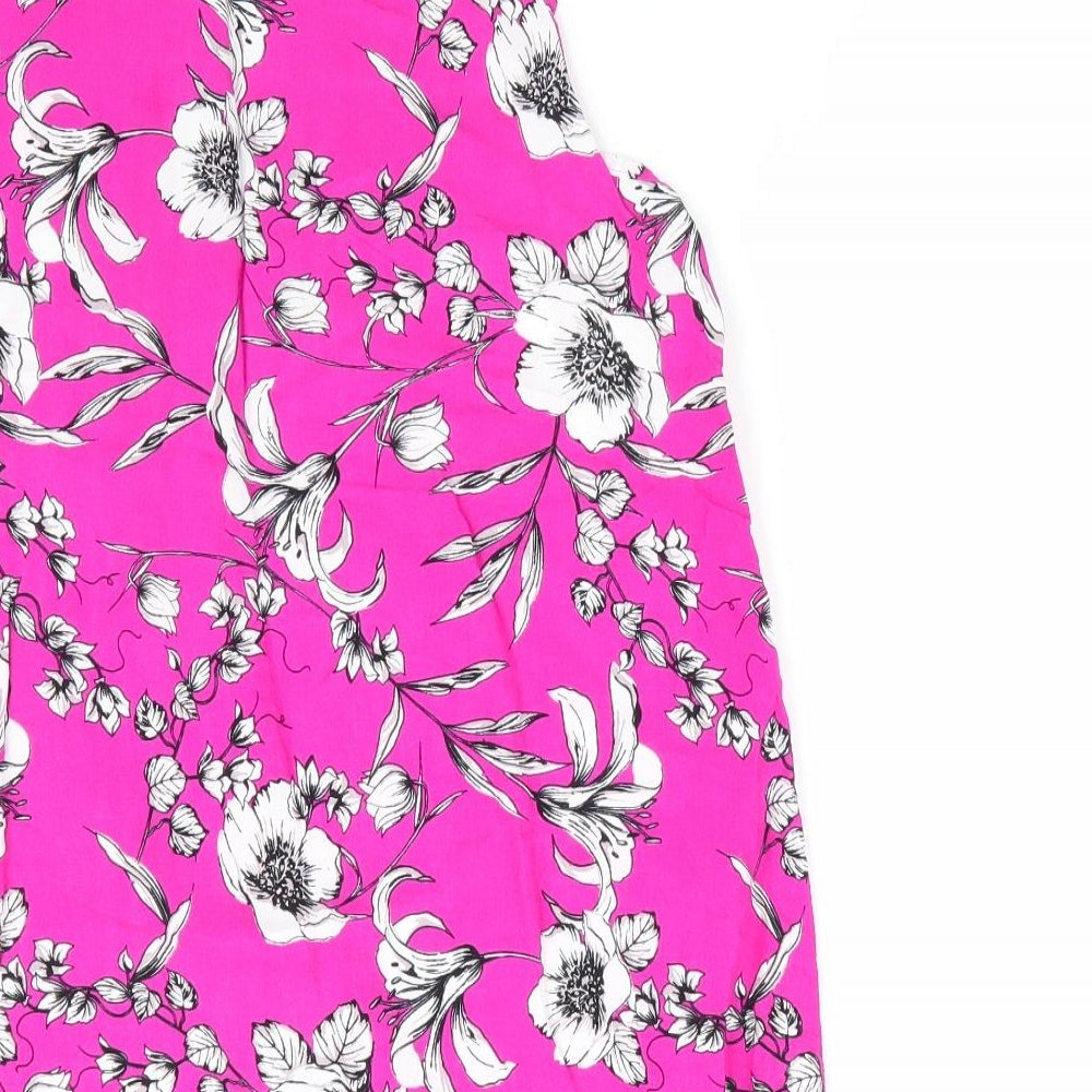 Le Macro Womens Pink Floral Basic Blouse Size S Round Neck - White Grey Flowers Cerise