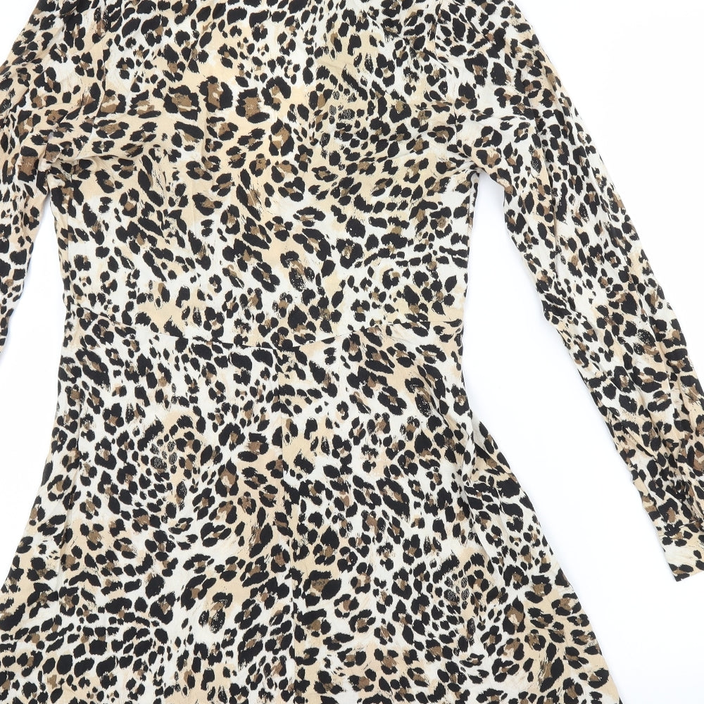 Primark Womens Beige Animal Print Viscose Shirt Dress Size 8 Collared