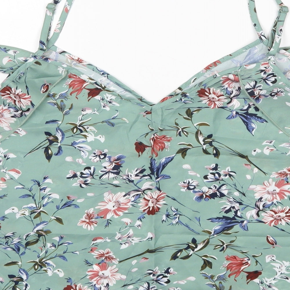 Shein Womens Green Floral Polyester Basic Blouse Size L V-Neck