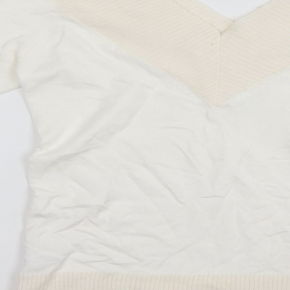 New Look Womens White V-Neck Viscose Pullover Jumper Size 8