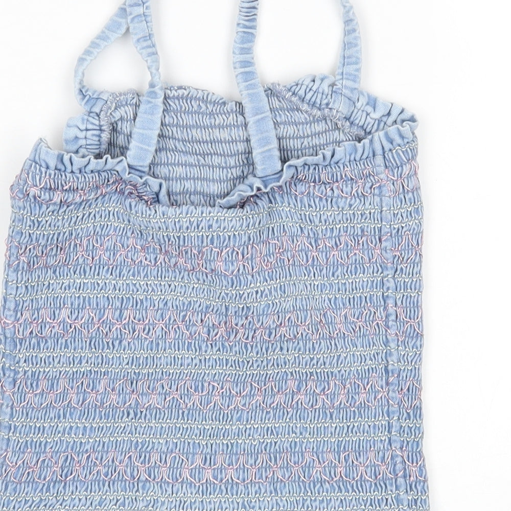 Marks & Spencer Girls Blue Striped Cotton Basic Tank Size 10-11 Years Square Neck