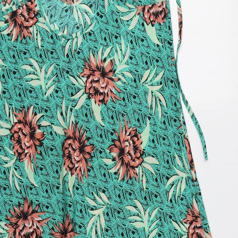 New Look Womens Green Floral Polyester A-Line Size 8 V-Neck