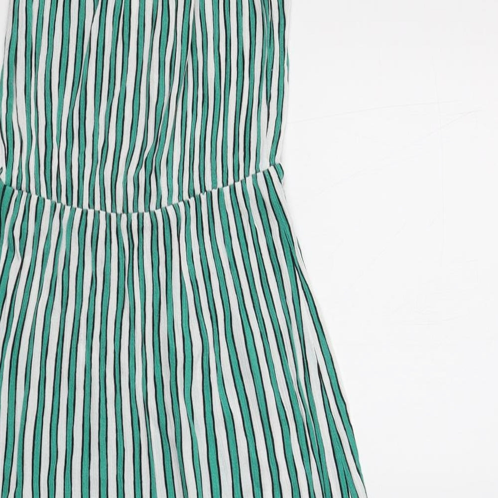 H&M Womens Green Striped Viscose A-Line Size 8 Off the Shoulder