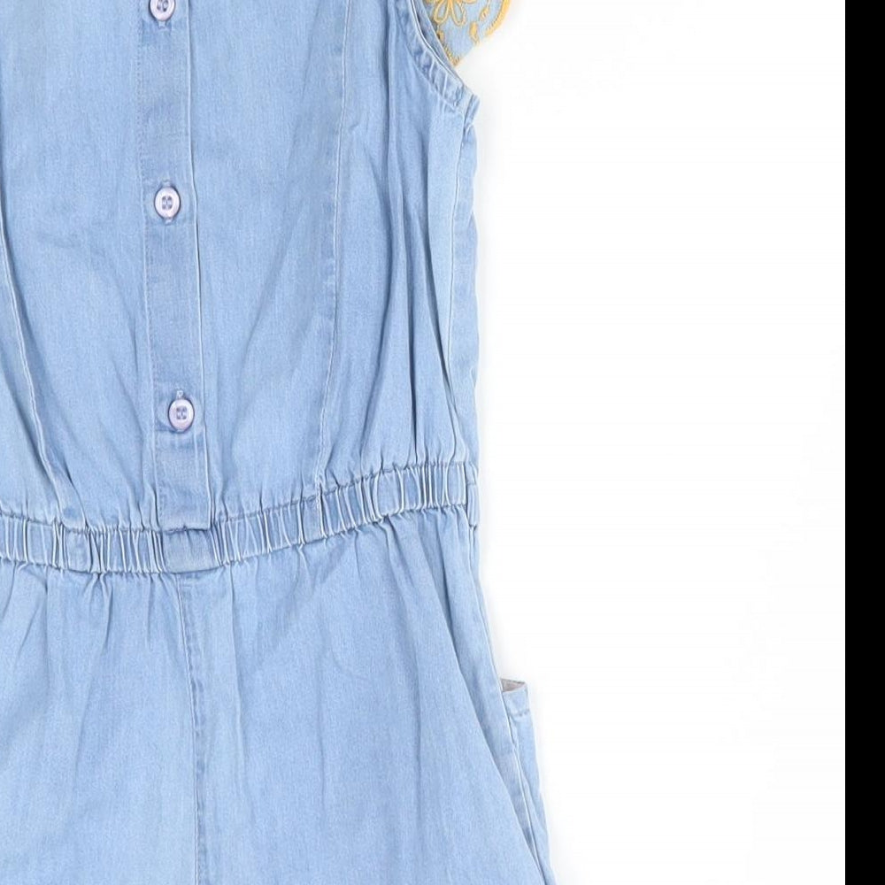 Matalan Girls Blue Floral Cotton Shorts One-Piece Size 2-3 Years - Ruffle with yellow embroidery
