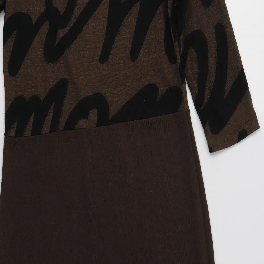 Indulgence Womens Brown Geometric Polyester Bodycon Size S Crew Neck