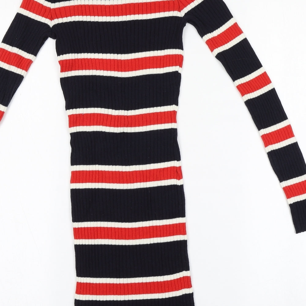 Divided Womens Blue Round Neck Striped Cotton Pullover Jumper Size 4