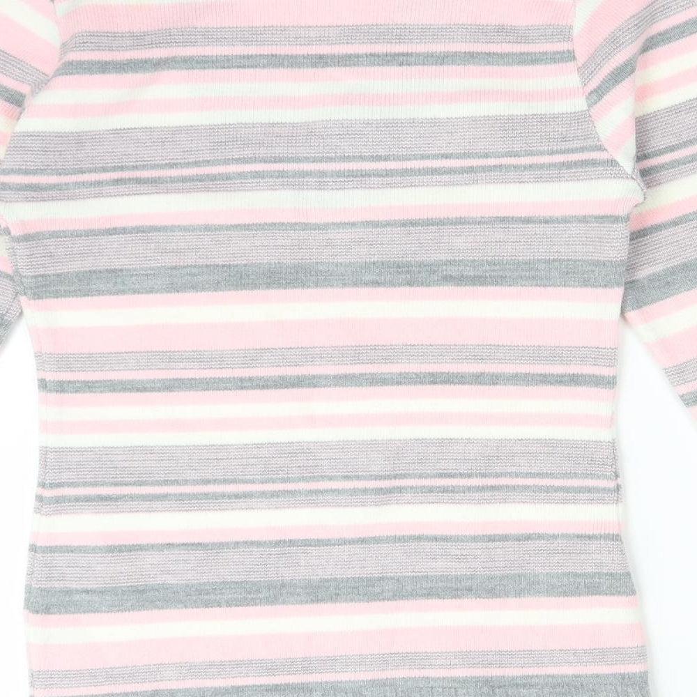 Logo Womens Multicoloured Striped Acrylic Basic T-Shirt Size L V-Neck