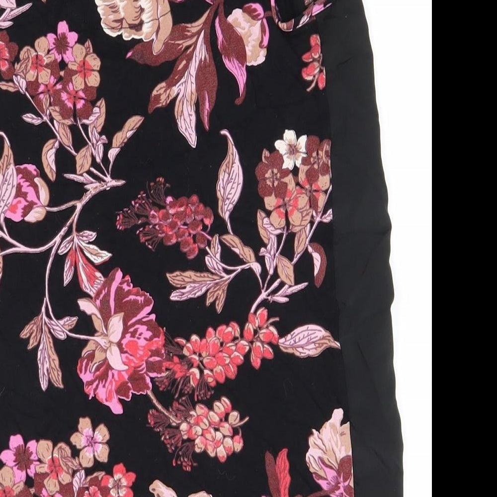 NEXT Womens Black Floral Viscose Basic T-Shirt Size 8 V-Neck