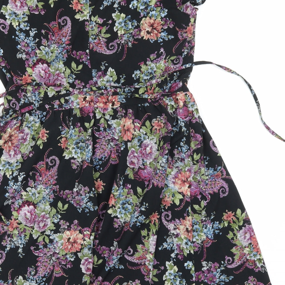 New Look Womens Black Floral Polyester A-Line Size 12 Round Neck