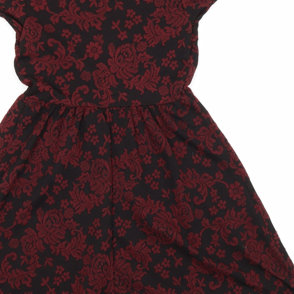 New Look Womens Red Floral Polyester A-Line Size 10 Round Neck