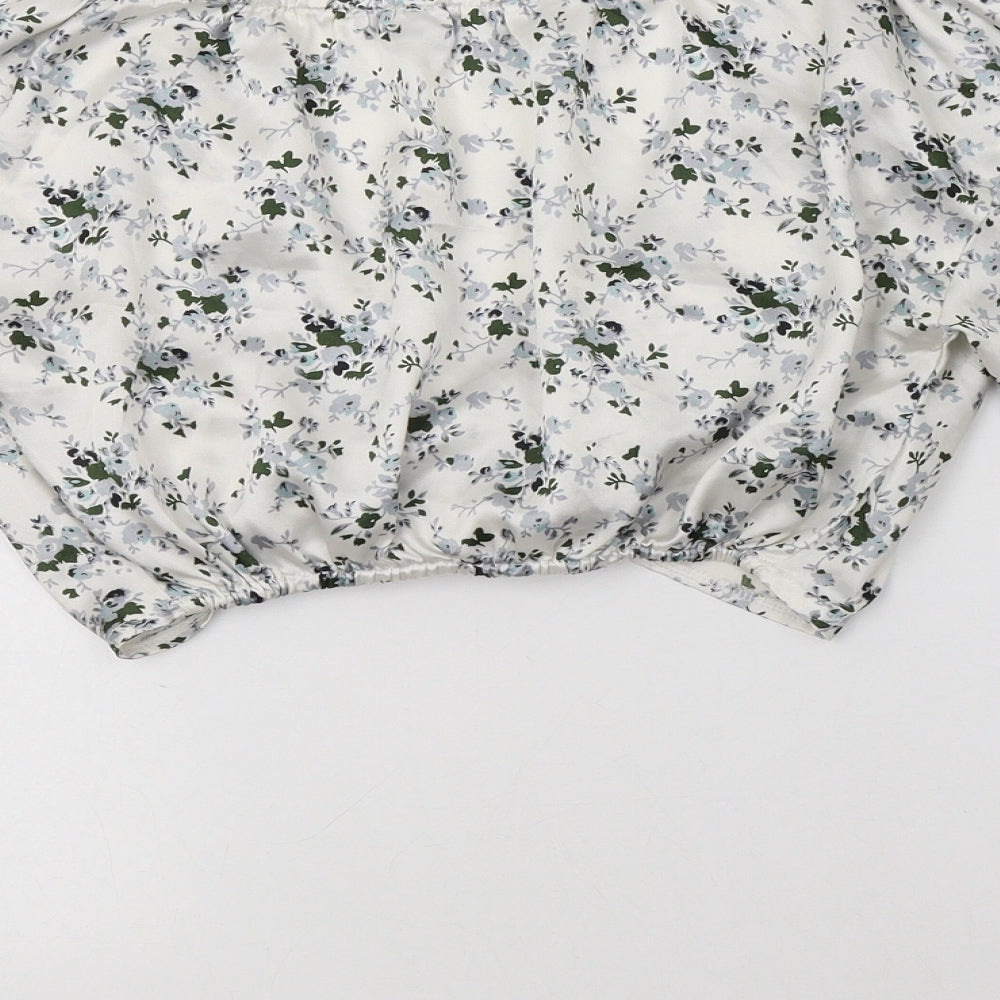 PRETTYLITTLETHING Womens White Floral Polyester Cropped Blouse Size 4 V-Neck