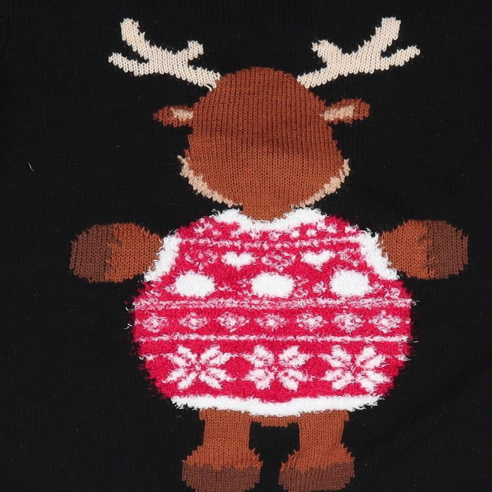 Florence and Fred Womens Black Round Neck Animal Print Acrylic Pullover Jumper Size 8 - Reindeer Pom Pom Nose Snowflakes