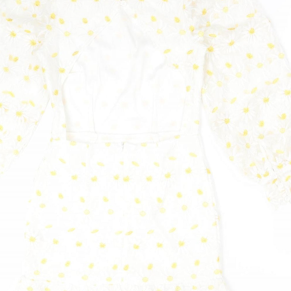 Boohoo Womens White Floral Polyester Fit & Flare Size 6 Mock Neck