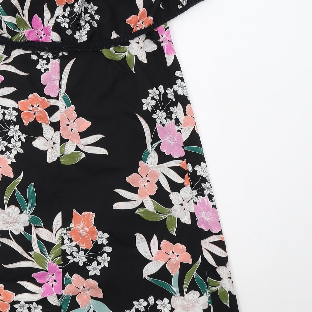 Primark Womens Black Floral Polyester A-Line Size 6 Off the Shoulder