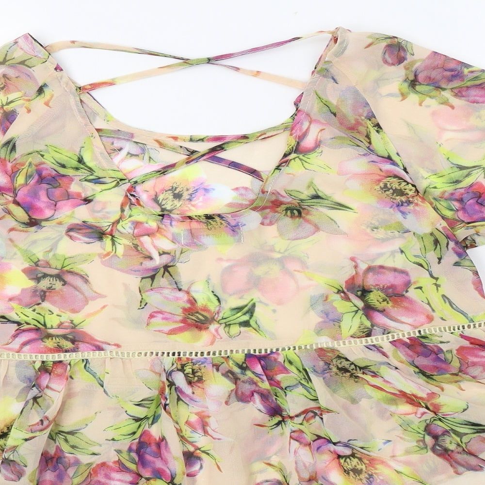 PRETTYLITTLETHING Womens Beige Floral Polyester Basic Blouse Size 8 Scoop Neck