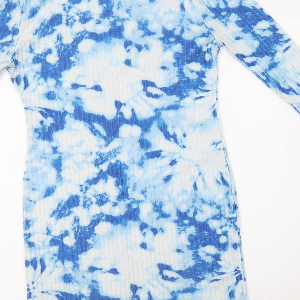 Mode-LL Womens Blue Batik Polyester Bodycon Size 8 Mock Neck