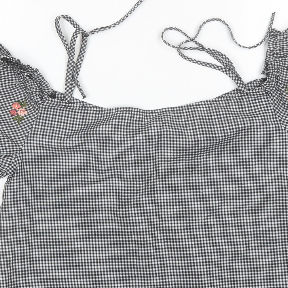 New Look Womens Black Plaid Polyester Basic Blouse Size 12 Square Neck