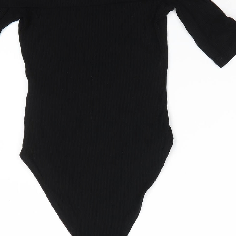 Topshop Womens Black Viscose Bodysuit One-Piece Size 8 Snap - Drawstring sleeves Ribbed fabric