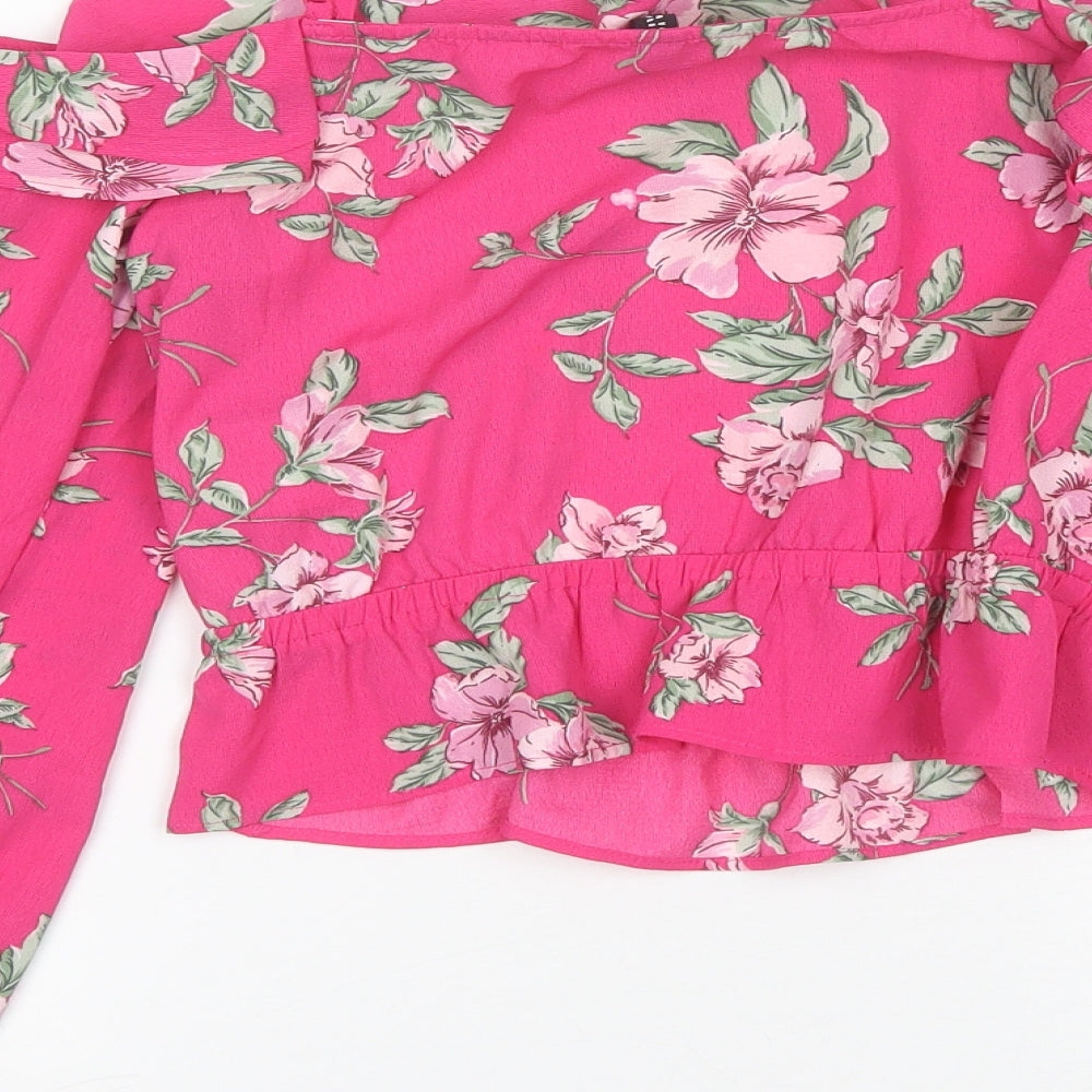 Divided Womens Pink Floral Polyester Basic Blouse Size 6 Round Neck