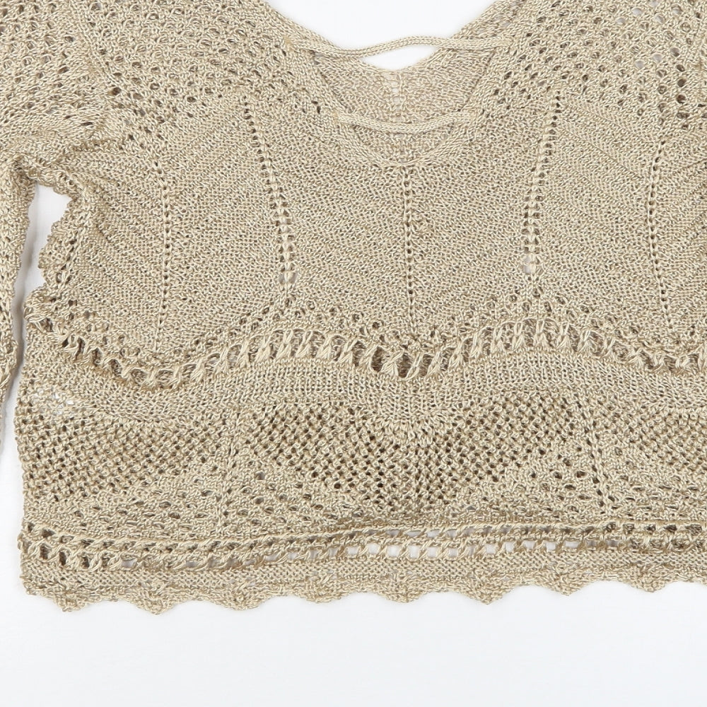 River Island Womens Gold V-Neck Polyester Pullover Jumper Size 14