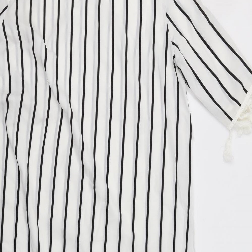 SheIn Womens White Striped Polyester A-Line Size L Crew Neck Button