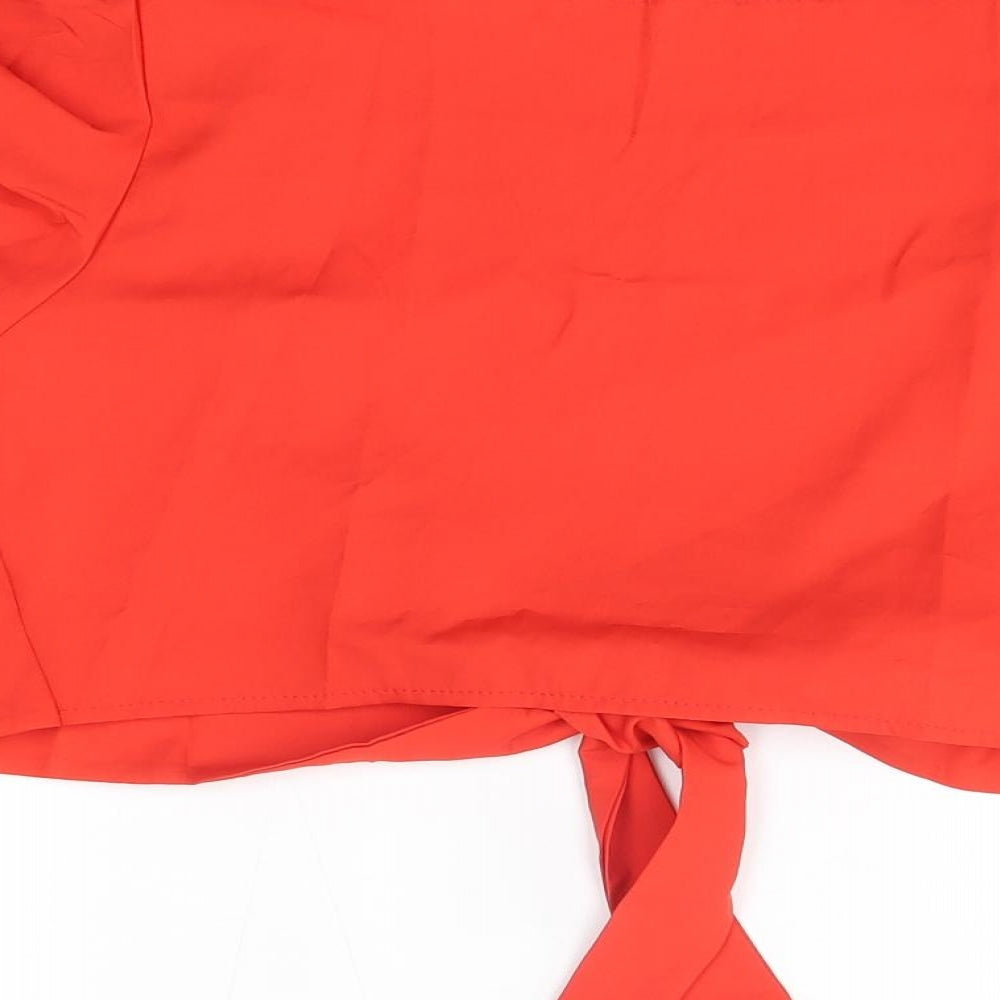 Preworn Womens Orange Polyester Cropped Blouse Size M V-Neck