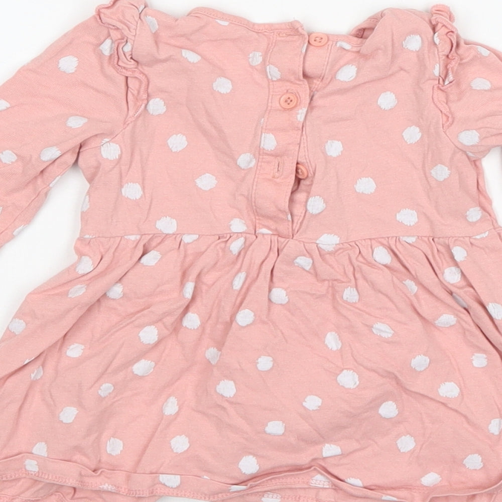 Matalan Girls Pink Polka Dot Cotton A-Line Size 3-6 Months Round Neck