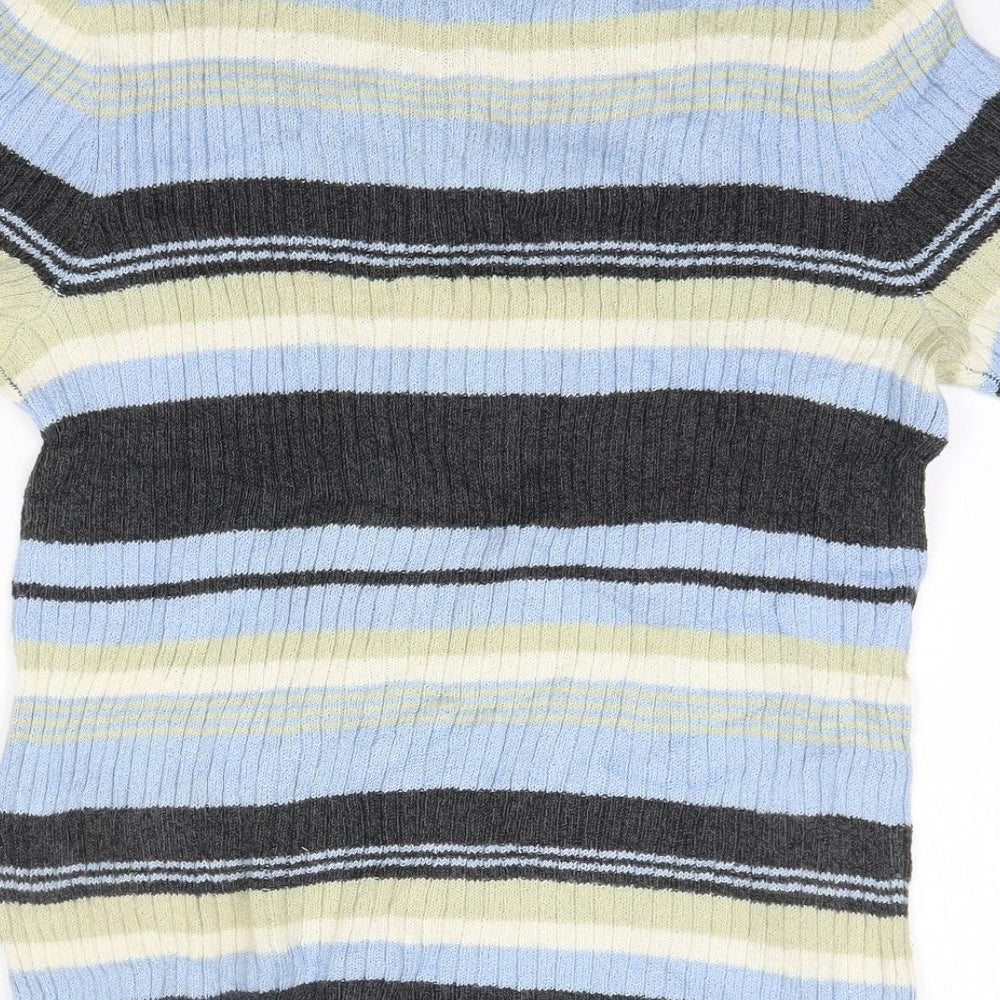 First Issue Womens Blue High Neck Striped Ramie Pullover Jumper Size S