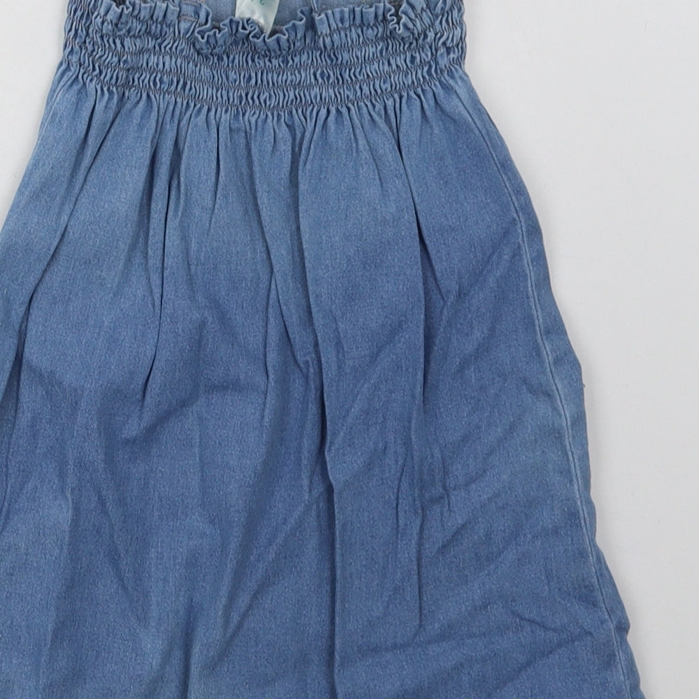 Preworn Girls Blue Floral Cotton A-Line Size 3-4 Years Square Neck Pullover