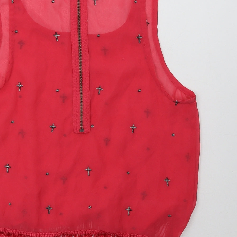 Crafted Womens Pink Geometric Polyester Basic Tank Size 10 Scoop Neck