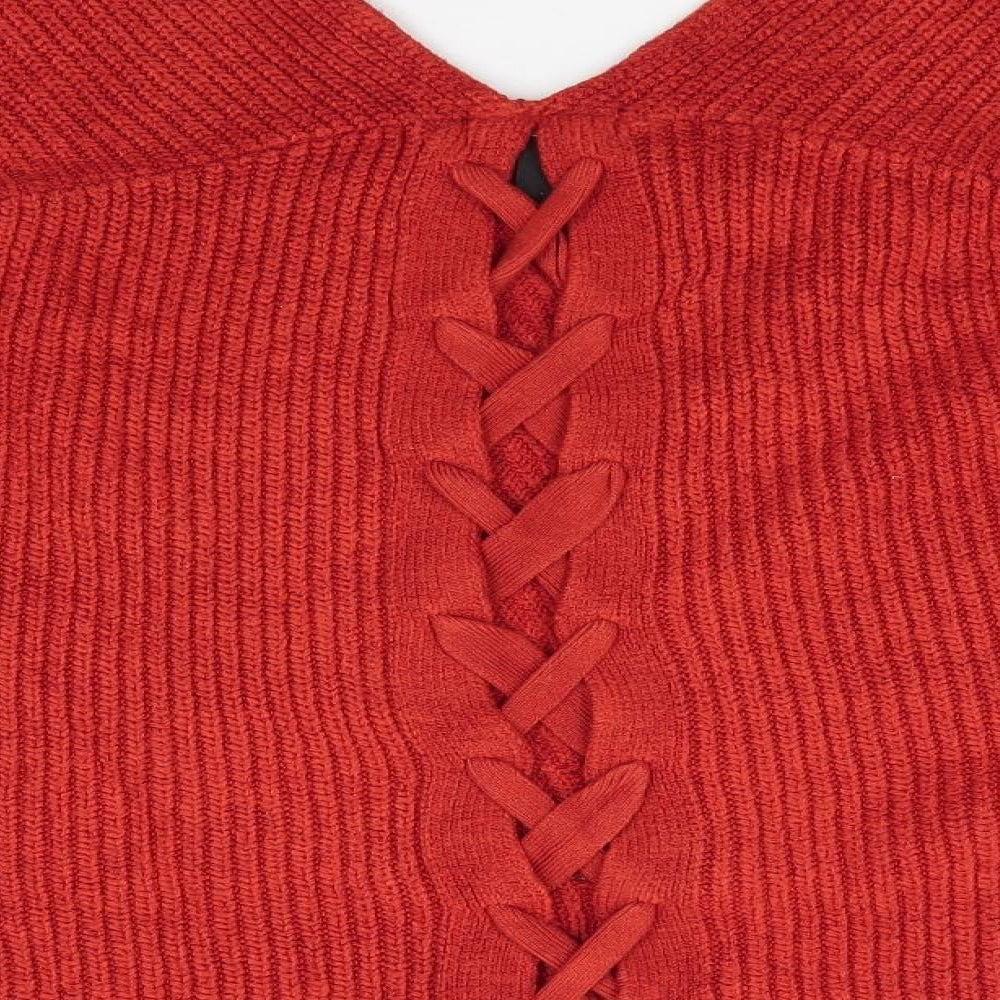 New Look Womens Orange V-Neck Acrylic Pullover Jumper Size M