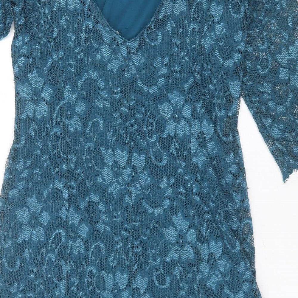 New Look Womens Blue Floral Polyamide Shift Size 12 Round Neck