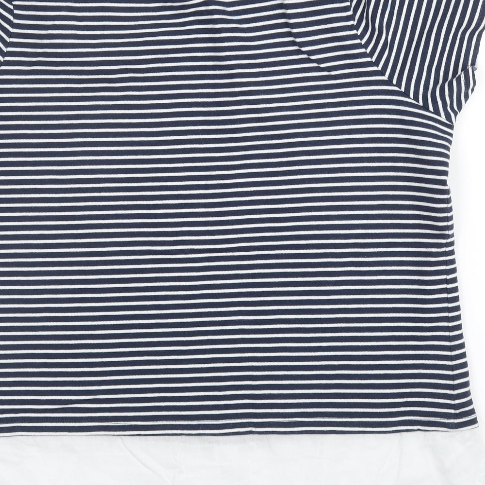 M&Co Womens Blue Striped Cotton Basic Blouse Size 14 Round Neck