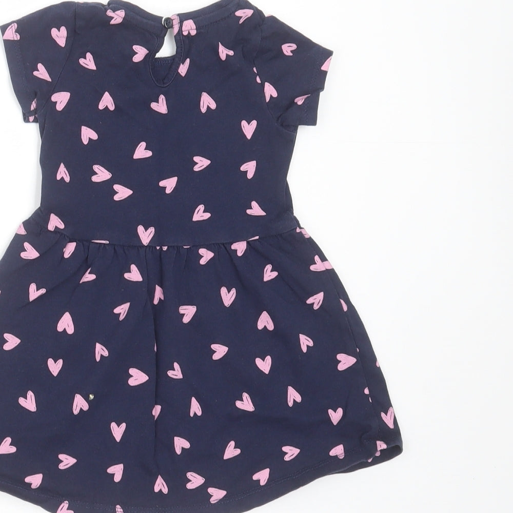 Mothercare Girls Blue Cotton T-Shirt Dress Size 9-12 Months Round Neck - Heart pattern