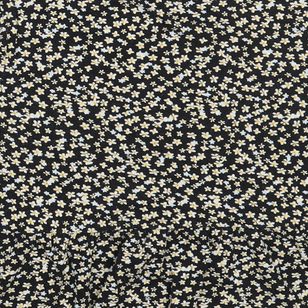 Pull&Bear Womens Black Floral Cotton Basic T-Shirt Size S Round Neck