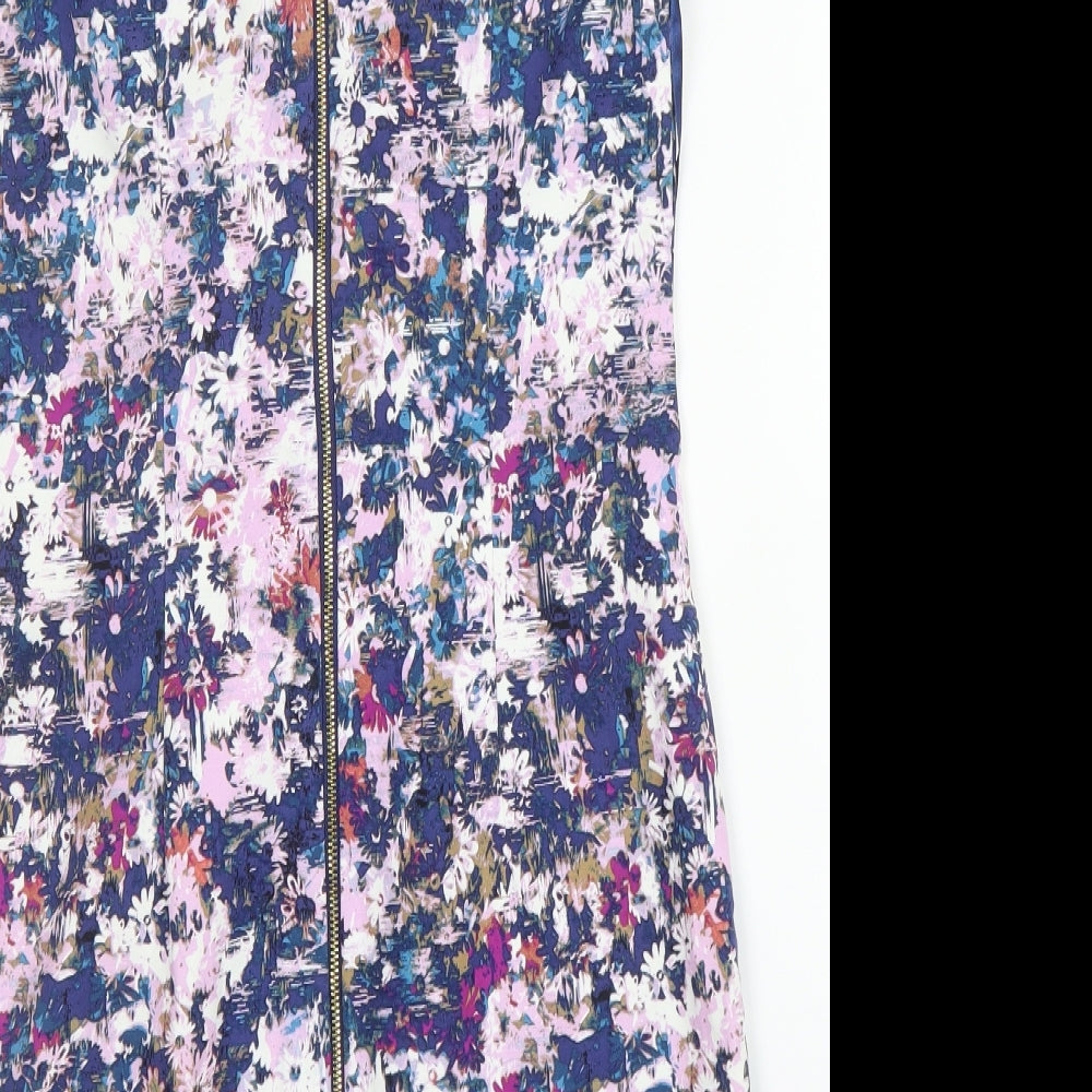 New Look Womens Purple Floral Cotton A-Line Size 10 Round Neck Zip
