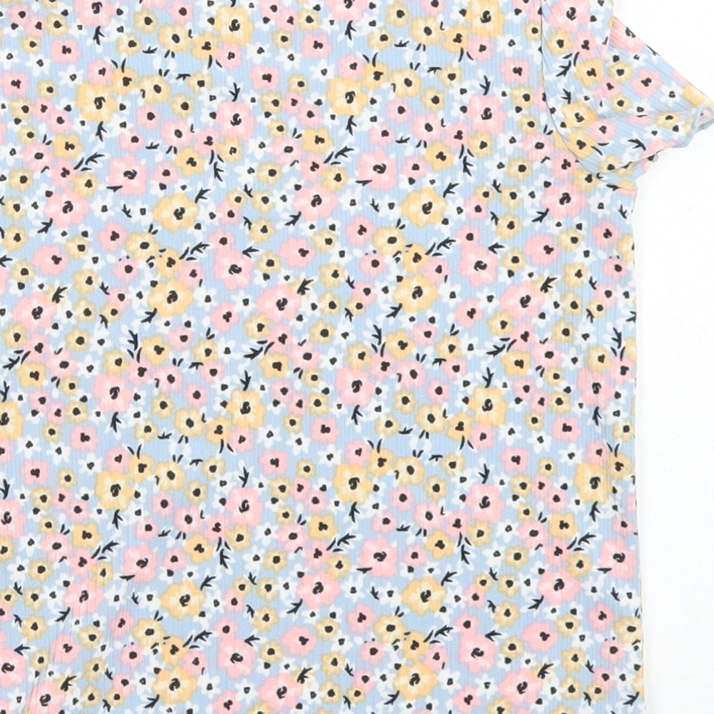 Primark Girls Blue Floral Polyester Basic T-Shirt Size 3-4 Years Crew Neck - Lettuce Edging