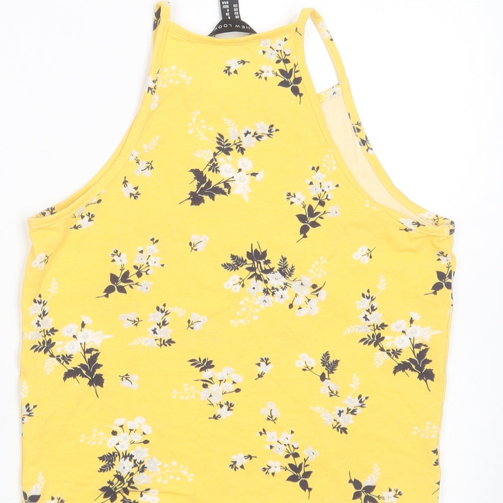 New Look Womens Yellow Floral Cotton Cropped T-Shirt Size 8 Round Neck