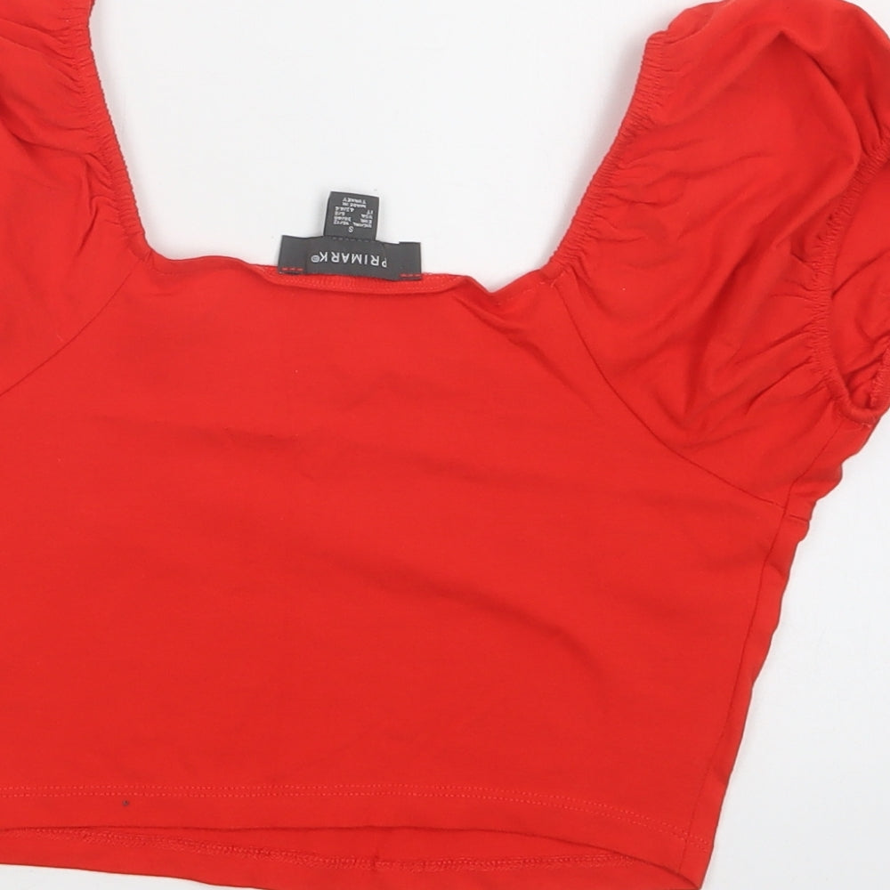 Primark Womens Red Cotton Cropped Blouse Size S Round Neck