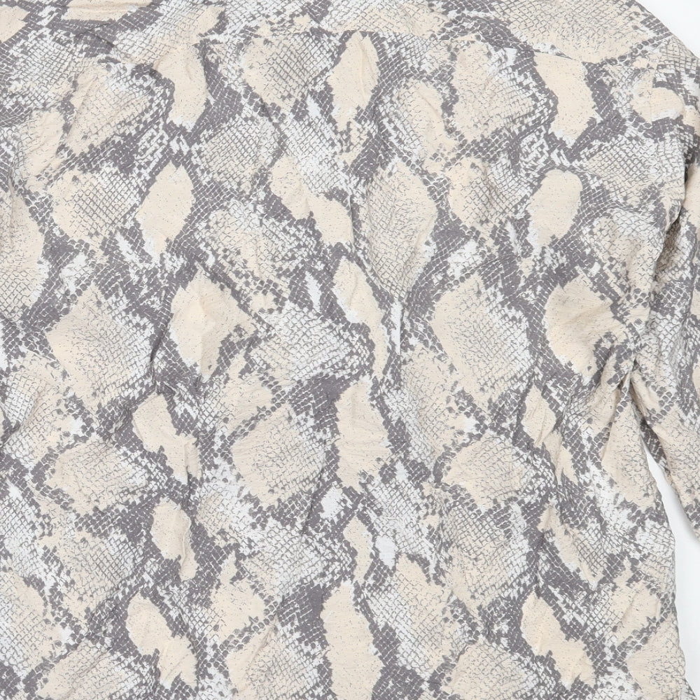 H&M Womens Beige Animal Print Viscose Basic Button-Up Size M Collared