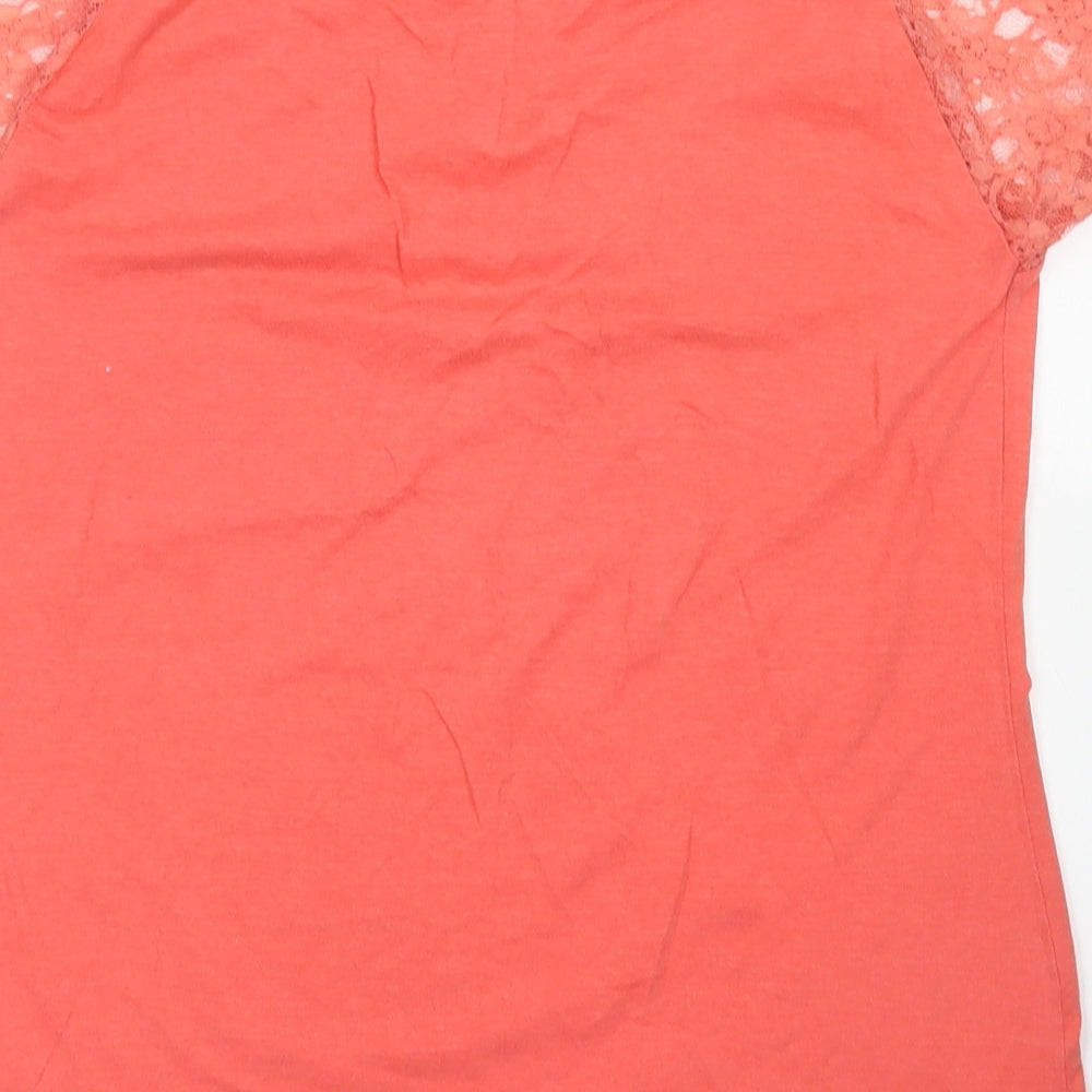 Beyou Womens Orange Cotton Basic T-Shirt Size 12 Crew Neck - Lace Sleeve